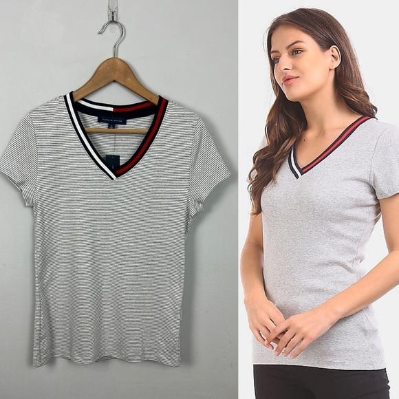 NWT Tommy Hilfiger Grey/White V-Neck Tee Sz M - Picture 1 of 9